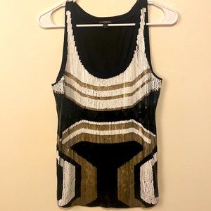 Small Express Gold White Black Geometric Pattern Sequin Sleeveless Top